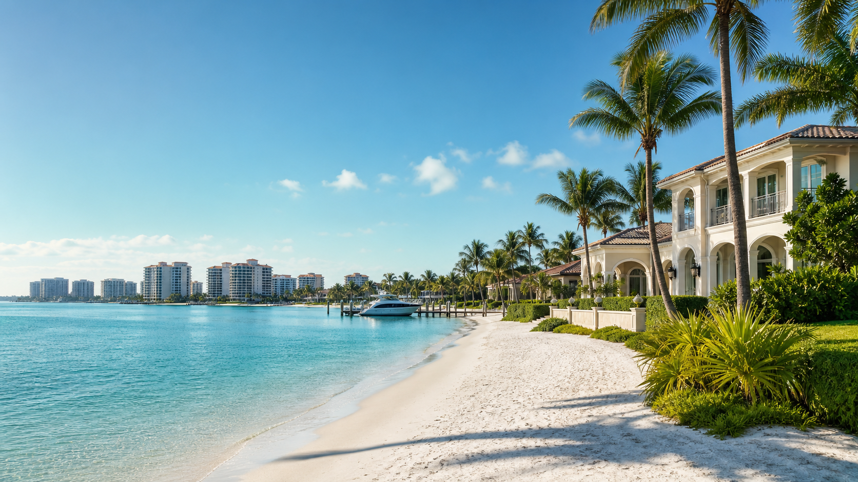 Sunny Marco Island waterfront homes, beach, palms, and Gulf water